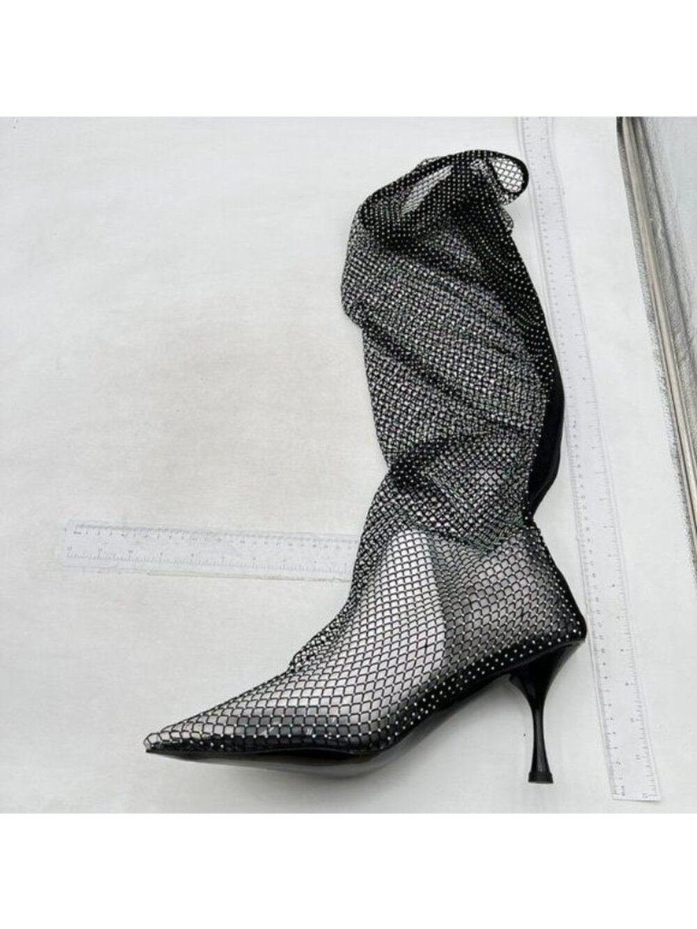 Knee High Boots Women Stiletto Boots Pointed Toe Sheer Mesh Stocking Boots Black